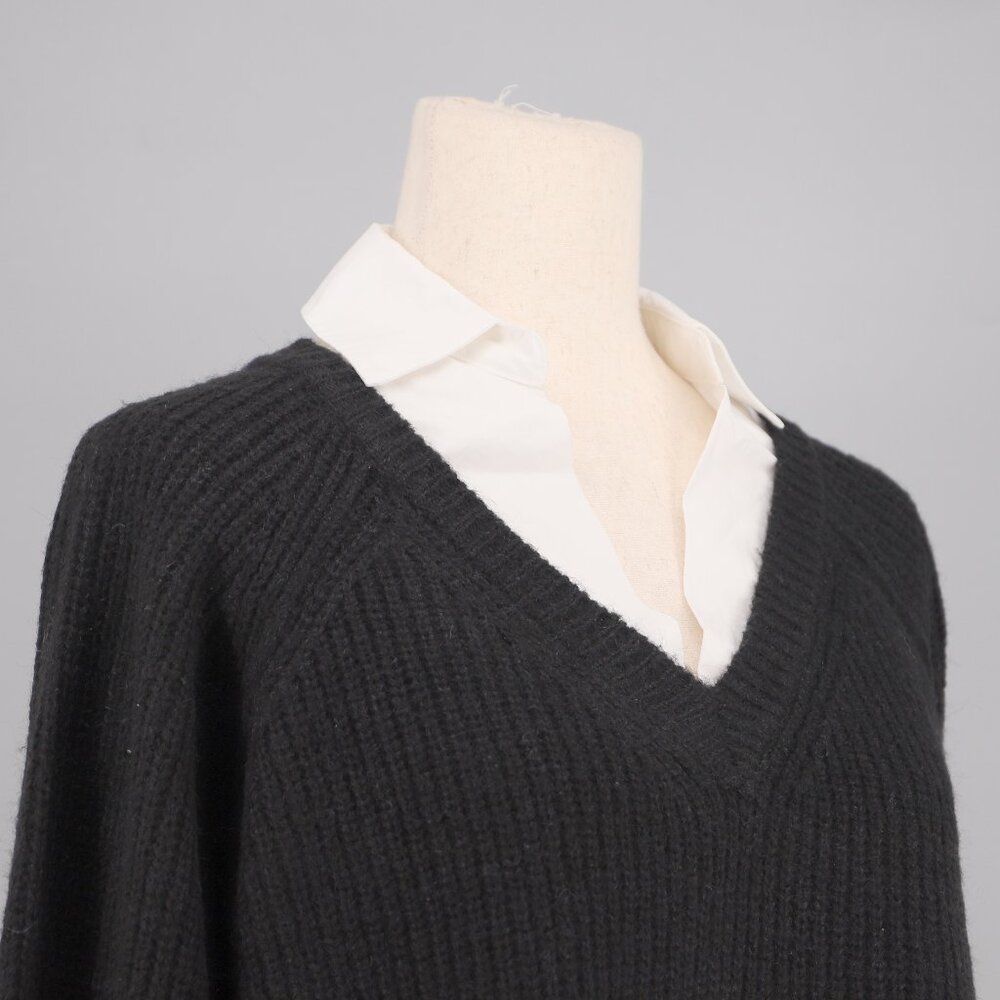 NWT ELAN Kasha Layered Collared V-Neck Cropped Sweater Shirt Black White Size S - Picture 5 of 9